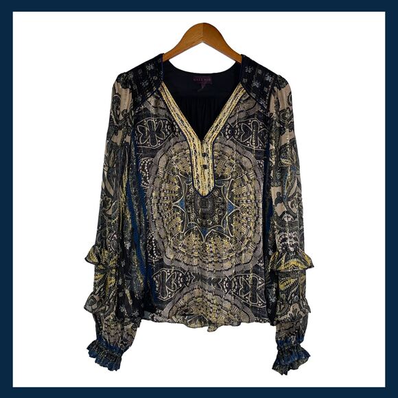 Hale Bob Silk Lurex Blouse Size L Metallic Boho Peasant Top Long Sleeve - Picture 1 of 10